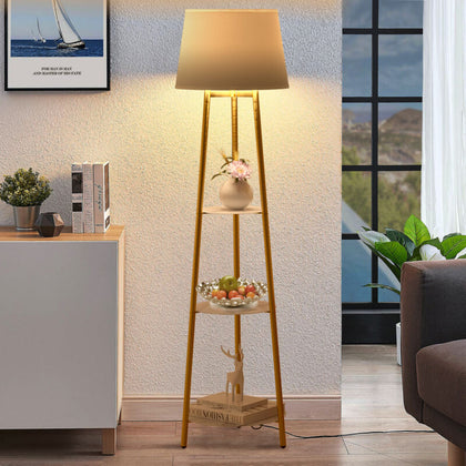 3-Tier Shelf Floor Lamp w/Shade Standing Light Open Shelves Storage Living Room