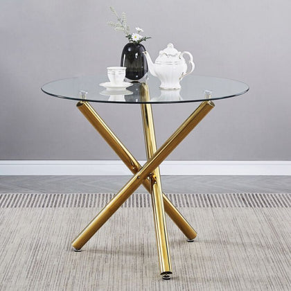 Round Clear Tempered Glass Dining Table Golden Chromed Legs Kitchen Dining Room