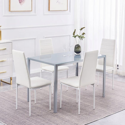 Grey Tempered Glass Dining Table&4x White Faux Leather Dining Chairs Dining Room