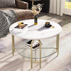Round Coffee Table 2 Tier Faux Marble Clear Glass Storage Shelf Gold Metal Legs