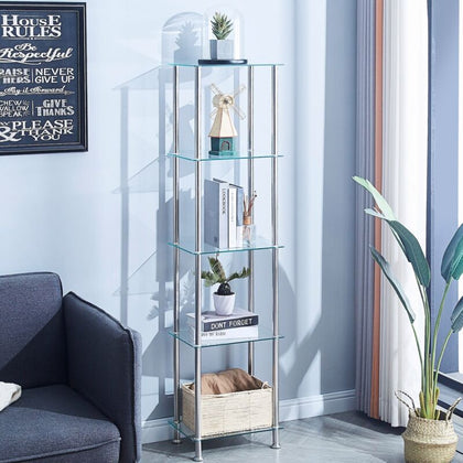 5 Tier Clear Tempered Glass Shelving Unit Bathroom Storage for Towels Cosmetics