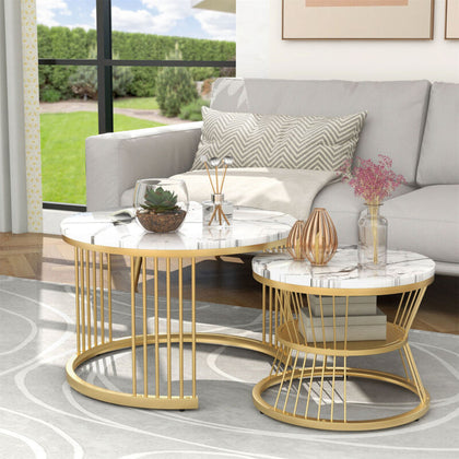 Round Nesting Coffee Table Set of 2 Marble Effect Side End Table Living Room QN