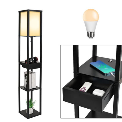 Floor Shelf Lamp with Bulb 2 USB Charging Ports 1 Drawer Modern Standing Light