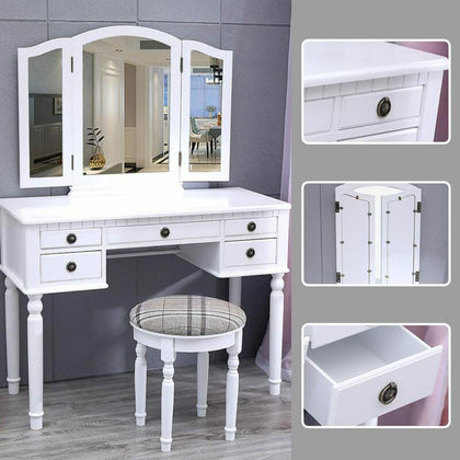 White Dressing Table Mirror 5 Drawer Storage Makeup Vanity Mirror Desk & Stool