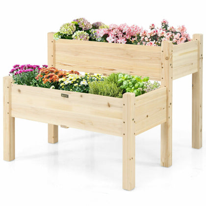 Raised Garden Bed 2-Tier Fir Wood Elevated Planter Flower Herb W/ Drain Holes