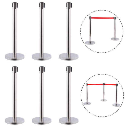 6PCS Queue Rope Barrier Polished Steel Retractable Combinable Poles w/ Red Belt