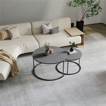 Modern Glam Round Nesting Coffee Table Set Sintered Stone Side Lamp End Table