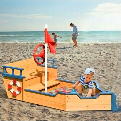 Wooden Outdoor Boat Sandpit with Bench Seats and Flag Kids SandBox Playhouse NEW