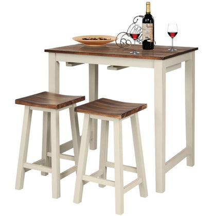 3 PCS Kitchen Dining Table Set Wood Counter Height Pub Table & 2 Saddle Stools