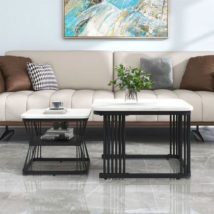 Square Nesting Coffee Table Metal Stacking Side Tables Set Marble-Look White