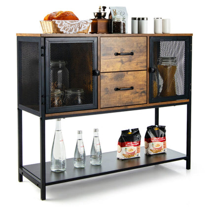 Industrial Buffet Sideboard Accent Console Table w/ 2 Mesh Cabinets 2 Drawers