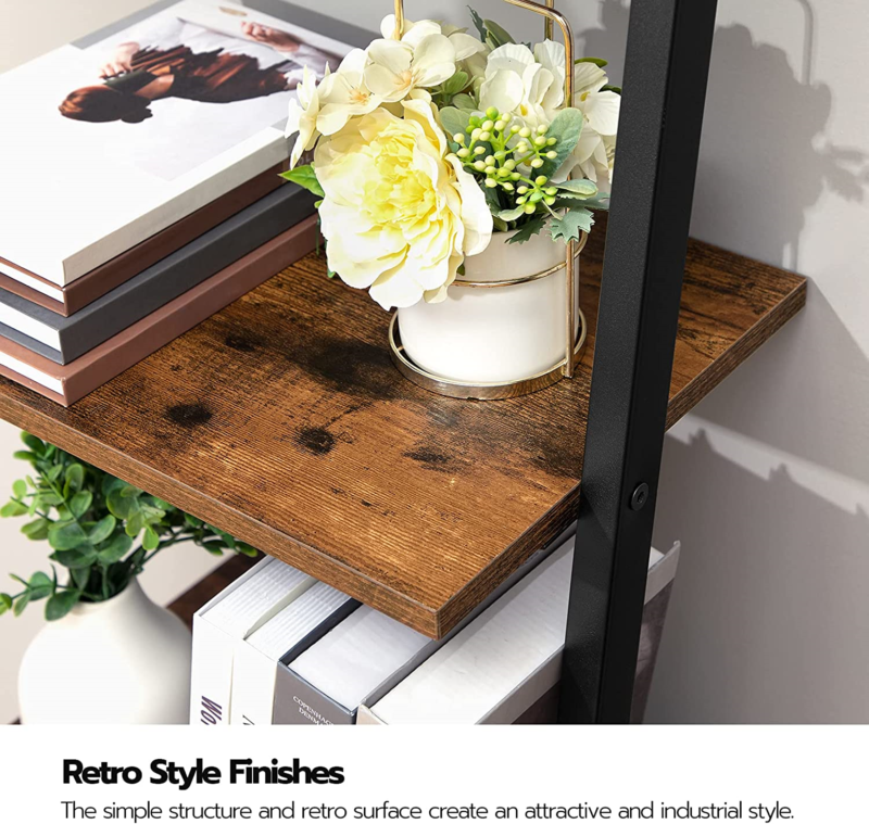 Ladder Shelf, 5-Tier Leaning Bookshelf, Stable Wall Shelf, Industrial for