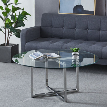 Glass Coffee Table with Clear Tempered Glass and Chrome Geometric Leg Base Desks