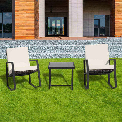 3PCS Rattan Bistro Set Chair Coffee Table Cushions Garden Wicker Rocking Leisure