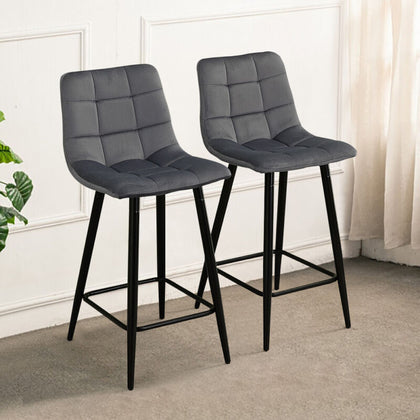 2 Pcs Grey Velvet Bar Stools Breakfast Stool Kitchen Pub Chairs 65 cm seat High