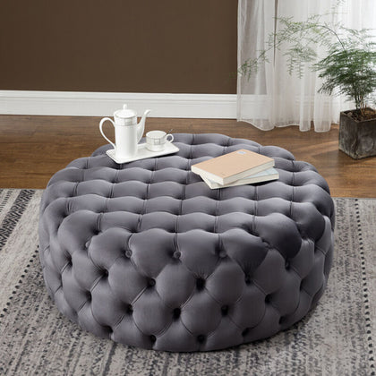 Chesterfield Button Plush Velvet Round/Square Pouffe Footstool Coffee Table Grey