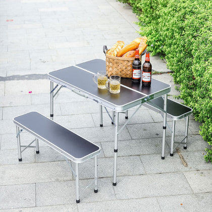 Portable Folding Camping Table & 2 Benches Alum Carry BBQ Kitchen Outdoor Picnic