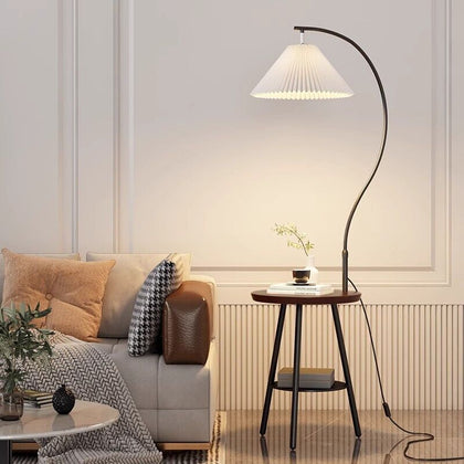 Floor Lamp with Table Shelves Pleat Lampshade Standing Lamp Bed Sofa Side Table