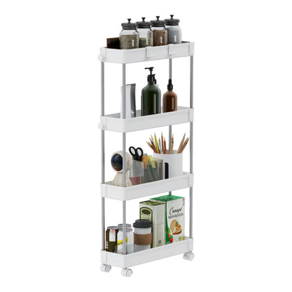 4-Tier Storage Trolley Slim Storage Shelf with Wheels Kitchen Bathroom White