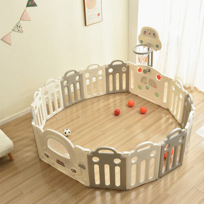 14 Panels Foldable Baby Playpen with Activity Panel & Basketball Hoop Grey NS