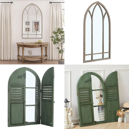 Garden Arched Mirror Gothic Rustic Wood/Metal Frame Wall Mount Outdoor Home Deco