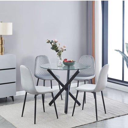 Set of 4x Grey Velvet Dining Chairs with Round Clear Tempered Glass Dining Table