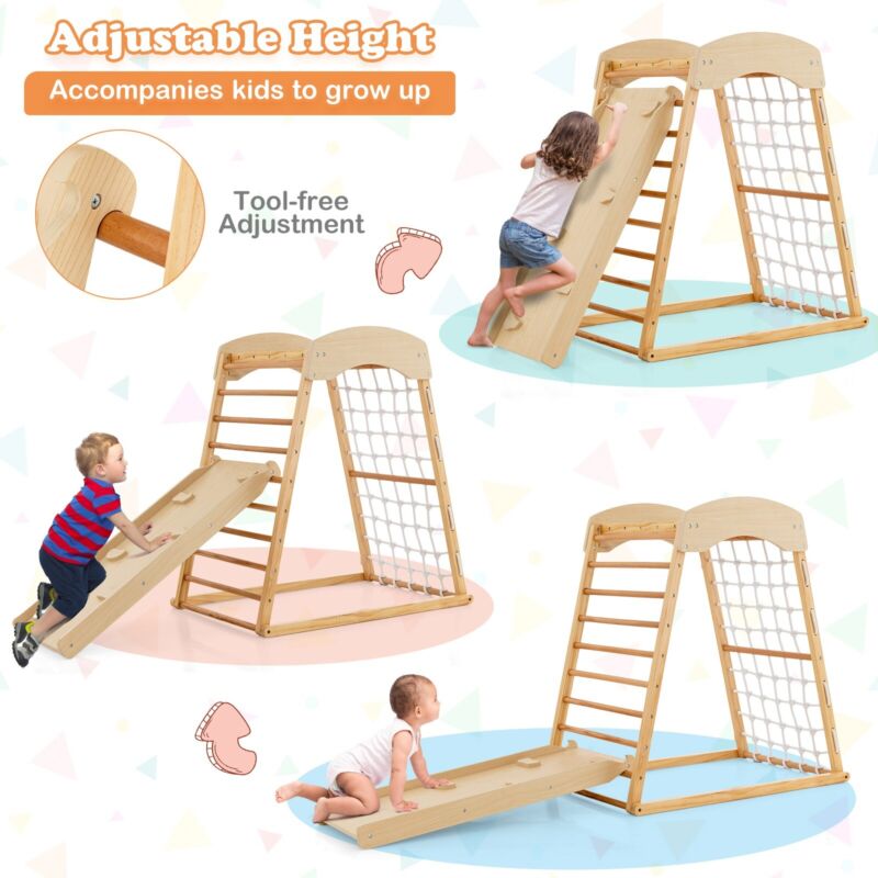 6 in 1 Wooden Climber Playset Double-sided Ramp Monkey Bars Climbing N ...