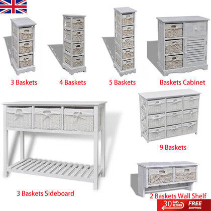 Wooden Wicker Basket Cabinet Storage Sideboard Chest Of Drawers Rack Shelf White