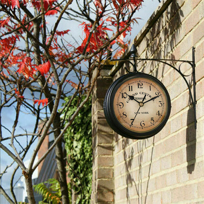 Outdoor Garden Paris Vintage Style Wall Clock Decor Double Sided 25cm w/Bracket