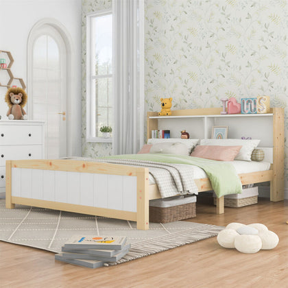 Kids Bed 4FT6 Double Size Bed Solid Pine Wooden Bed Frame w/Storage Headboard QZ