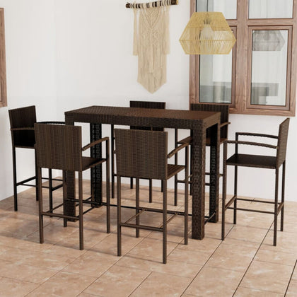 7 Piece Outdoor Bar Set with Armrest Poly Rattan Brown S4Z7