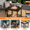 4 in 1 Outdoor Fire Pit Dining Table Square Wood Burning Fire Bowl W/ Mesh Cover