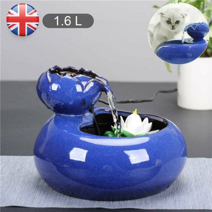 1.6L Blue Lotus Pet Drinking Water Fountain Cat Electric Automatic Bowl Filter