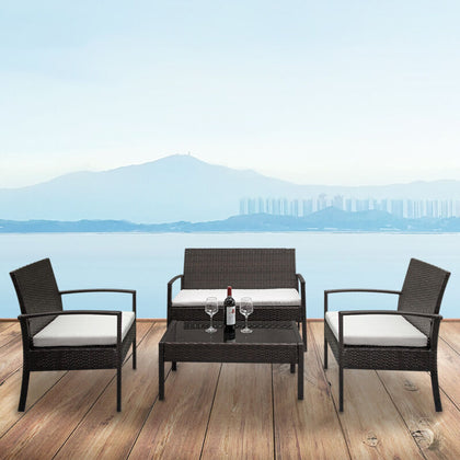 4Pcs Rattan Garden Furniture Set Sofa Patio Outdoor Table Wicker Chairs Brown