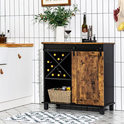 Industrial Storage Cabinet Freestanding Buffet Cabinet W/ Wine Rack Sliding Door