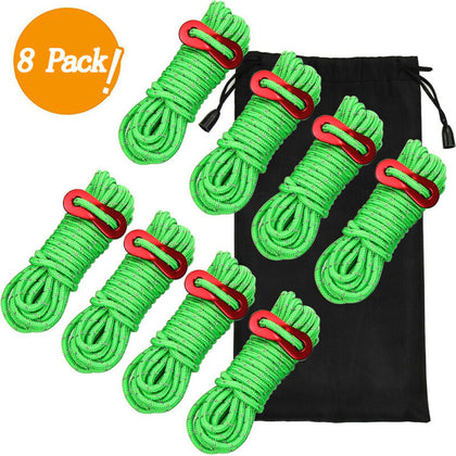 8Pcs Fluorescent Green Tent Guide Rope Tent Camping Reflecting Guy Rope 4M UK