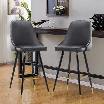 Set of 2 Velvet Bar Stools Metal Leg Padded Seat Breakfast Stools Kitchen Chair