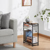 Rustic Brown Side Sofa End Table Narrow Black Open Shelves Metal Magazine Stand