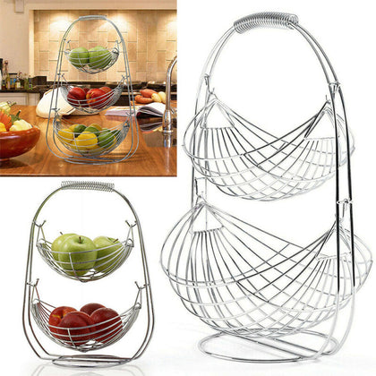 2/3 Tier Chrome Swinging Fruit Bowl Basket Hanger Stand Dinning Table Storage