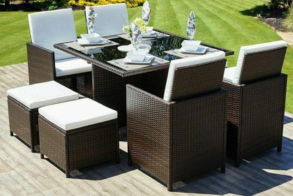 RATTAN GARDEN FURNITURE CUBE SET CHAIRS TABLE OUTDOOR PATIO RATTAN BLACK / BROWN