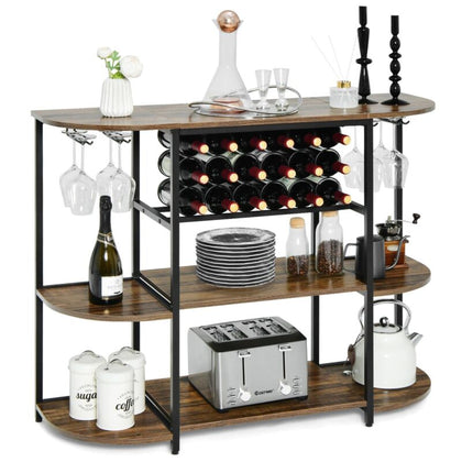 Wooden Kitchewn Wine Storage Rack Industrial Bar Buffet Table w/ Glass Holder