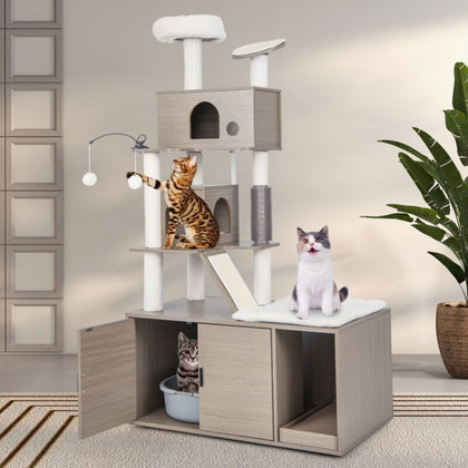 2-in-1 Modern Cat Tree Tower Cat Litter Box Enclosure W/ Scratching Board