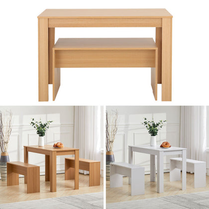 3 Pieces Small Dining Table and Bench Set 2 Benches Compact Unit Wood Furniture