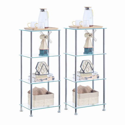 Pair of 4 Tier Clear Tempered Glass Side End Lamp Table Bedside Table w/ Shelves