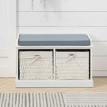 76Cm Large Hallway Bench Storage Cabinet with Draw Rattan Baskets Cushioned UK