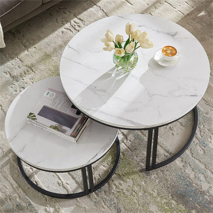 Coffee Table Set of 2 Nesting Accent TablesWhite Marble Top Stacking Side Desk