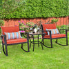 Outdoor 3 PCS Patio Rattan Wicker Rocking Bistro Set W/ Glass Table & Cushions