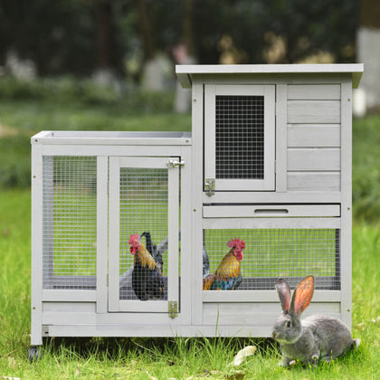 Wooden Rabbit Hutch Guinea Pig Hutches w/ Run Open Roof Small Animal Cage Grey