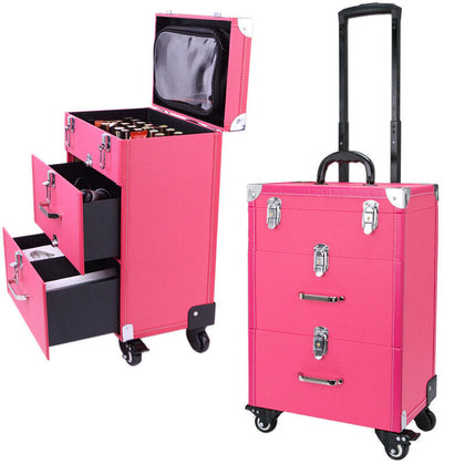 Pro Makeup Trolley Case Nail Polish Storage Box Beauty Cosmetics Organizer Pink