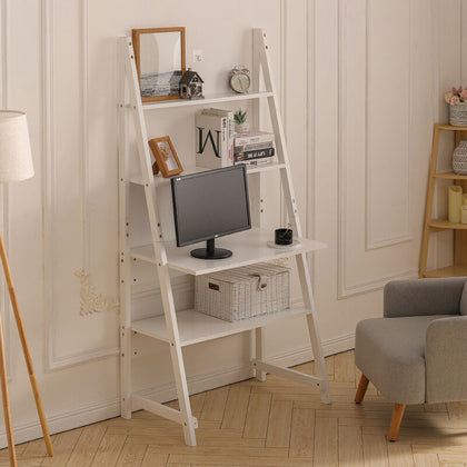 Wood Computer Desk W/ Shelves Ladder Book Shelf Display Stand Laptop Table White